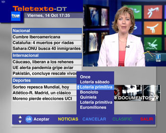 Pantalla de televisión mostrando las opciones de la Televisión Digital Terrestre